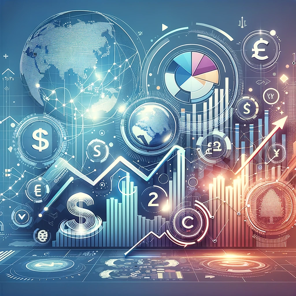 Investimentos para 2024: Estratégias e Tendências", combinando elementos futuristas como gráficos, símbolos de moeda e elementos digitais, todos em um layout harmonioso e atraente. A paleta de cores é vibrante e profissional, ressoando com o conceito de estratégias de investimento inovadoras