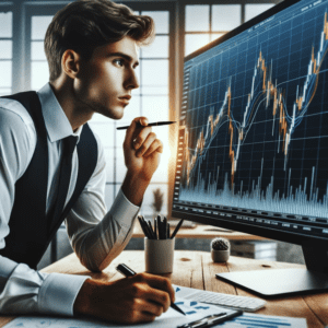 Aqui está a imagem de um jovem investidor analisando um quadro com gráficos do mini índice da bolsa de valores em um escritório moderno.