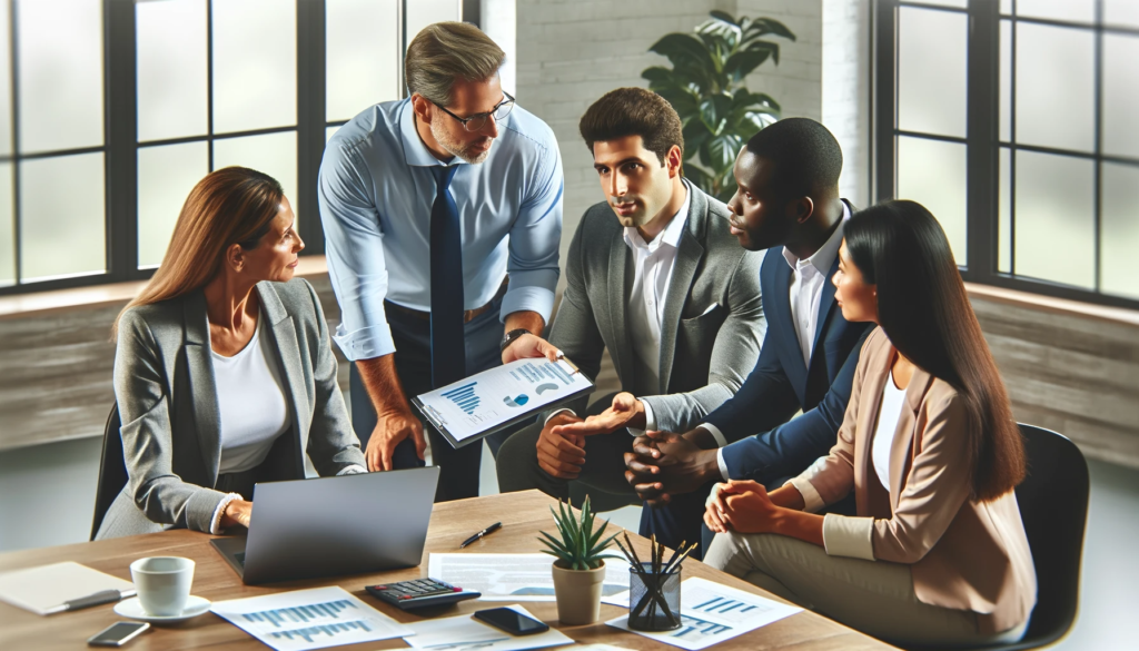 Um assessor financeiro em um escritório, consultando um grupo diversificado de clientes.