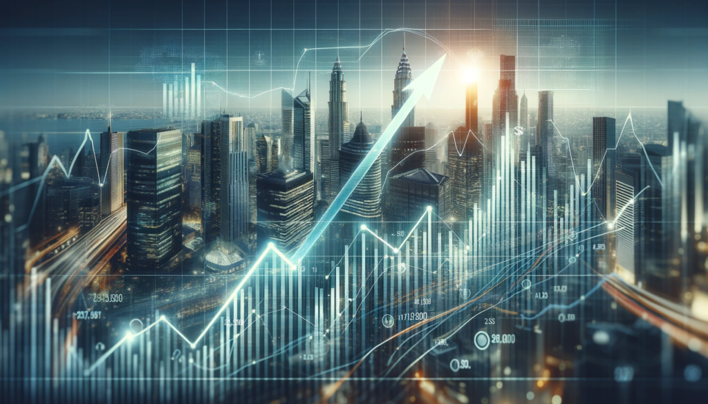 Gráfico de tendências do mercado de ações com uma seta para cima sobre um fundo de skyline financeiro.