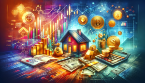 Uma imagem vibrante mostrando diferentes elementos de investimento como gráficos do mercado de ações, imóveis, barras de ouro e símbolos de criptomoedas.